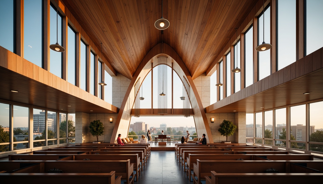 Prompt: Sleek modern church, minimalist architecture, curved lines, large windows, natural light, soft warm illumination, LED lighting systems, ambient occlusion, indirect lighting, suspended ceiling fixtures, cantilevered chandeliers, geometric patterns, vibrant colors, textured stone walls, polished wooden floors, comfortable pews, spiritual ambiance, peaceful atmosphere, shallow depth of field, 3/4 composition, panoramic view.