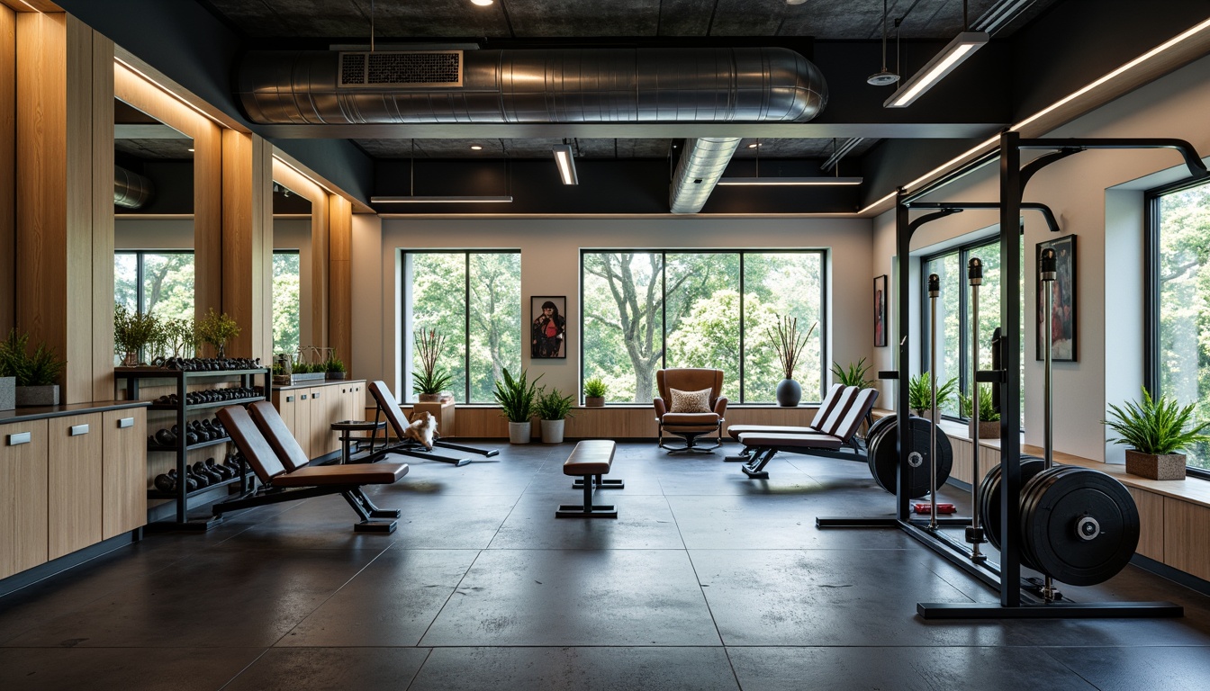 Prompt: Modern home gym, sleek metal equipment, rubber flooring, mirrored walls, high ceilings, natural light, wooden cabinets, storage racks, dumbbells, kettlebells, resistance bands, folding benches, exercise mats, ventilation systems, soundproofing, adjustable lighting, 3/4 composition, shallow depth of field, realistic textures.