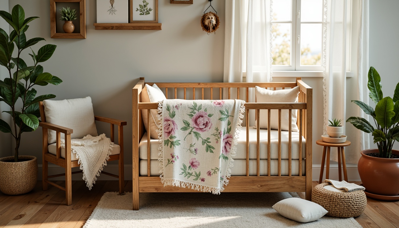 Prompt: Rustic wooden crib, vintage baby blankets, distressed wood furniture, soft pastel colors, floral patterns, delicate lace curtains, natural woven baskets, plush area rugs, earthy terracotta pots, artificial greenery, warm cozy lighting, shallow depth of field, 1/1 composition, intimate close-up shots, realistic textures, ambient occlusion.