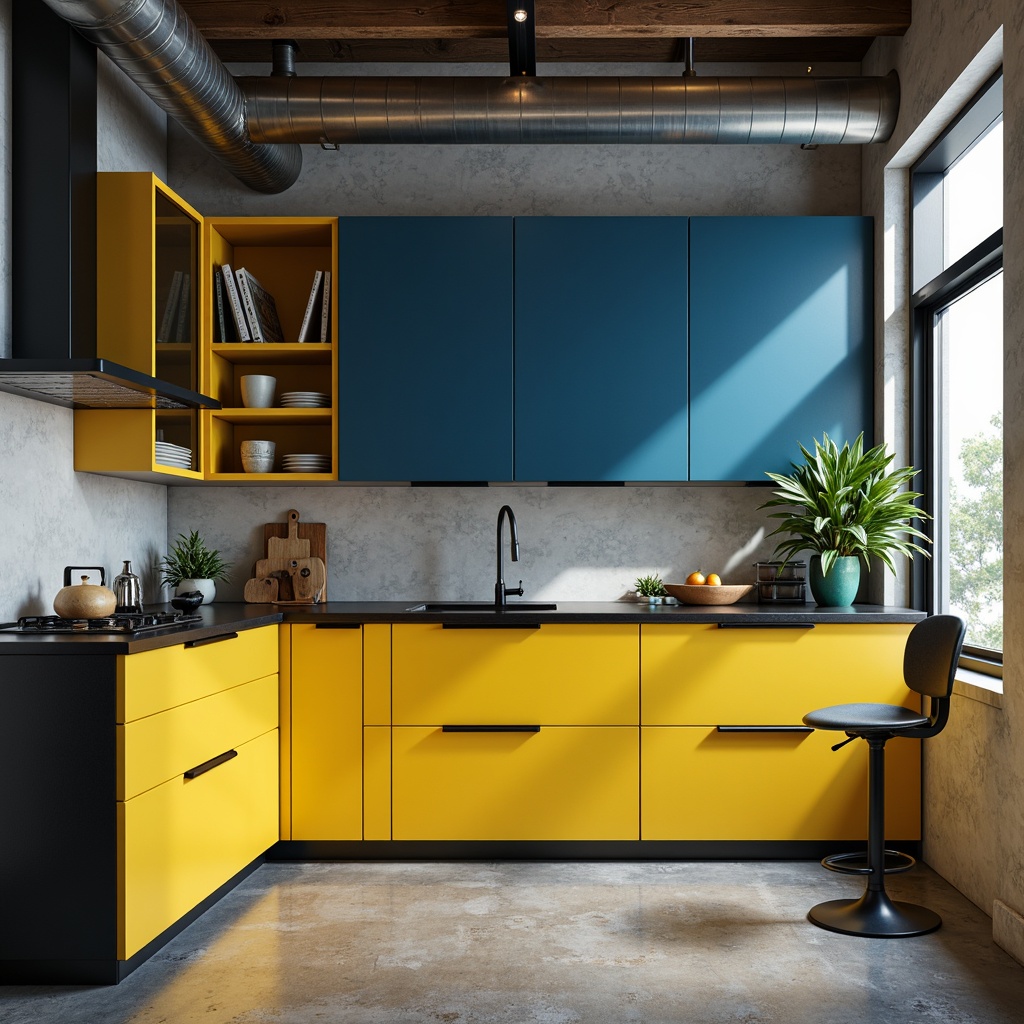 Prompt: Monochromatic kitchen space, industrial-style cabinets, bold primary colors, sleek metal hardware, minimalist decor, clean lines, geometric shapes, functional simplicity, urban loft atmosphere, concrete floors, stainless steel appliances, matte black countertops, pops of bright yellow, deep blue accents, warm white lighting, 1-point perspective, shallow depth of field, high-contrast rendering.