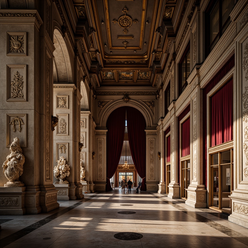 Prompt: Ornate museum interior, Renaissance-style architecture, grand high ceilings, intricate stone carvings, ornamental columns, golden accents, luxurious fabrics, rich wood tones, velvet drapes, marble floors, subtle lighting, warm color palette, soft shadows, 1/1 composition, intimate focal point, realistic textures, ambient occlusion.