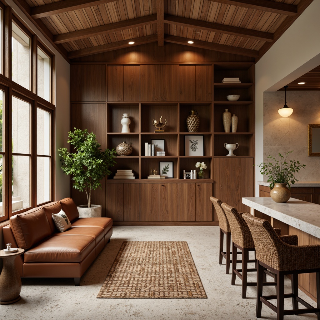 Prompt: Walnut wood paneling, rich leather upholstery, brass metal accents, terrazzo flooring, natural stone countertops, woven wicker furniture, geometric patterned rugs, earthy tone ceramic vases, warm beige walls, organic shape decorative objects, softbox lighting, 1/2 composition, atmospheric perspective, realistic textures, subtle depth of field.