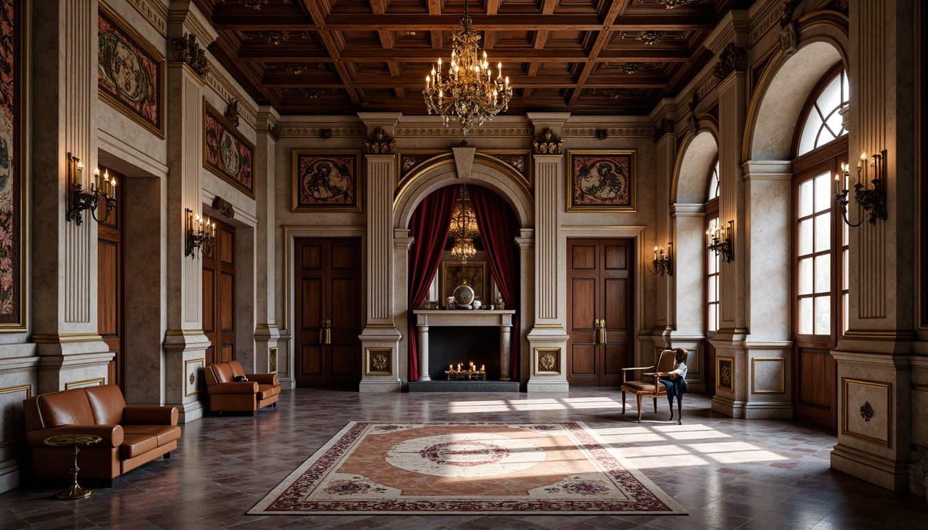 Prompt: Ornate Renaissance-style mansion, intricately carved wooden doors, grandiose stone columns, ornamental metalwork, lavish gold accents, rich velvet drapes, polished marble floors, elegant chandeliers, symmetrical archways, rustic brick walls, distressed leather furniture, vintage tapestries, warm candlelight, soft focus, shallow depth of field, 1/2 composition, realistic textures, ambient occlusion.