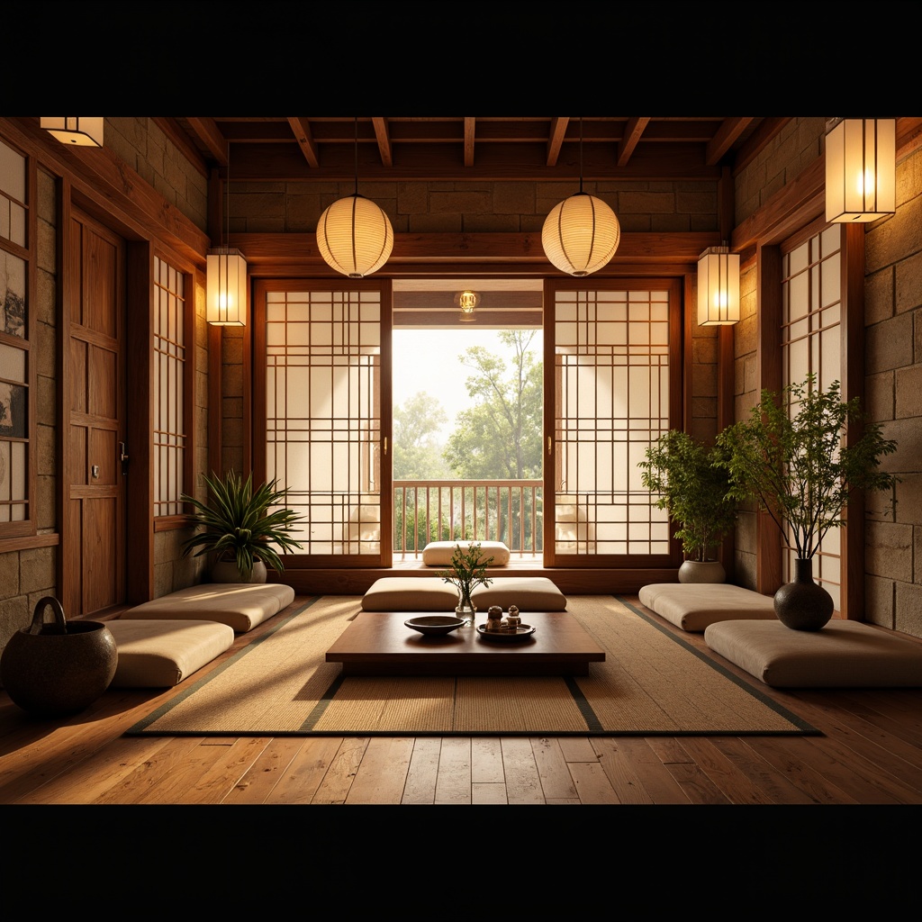 Prompt: Traditional Japanese sliding doors, warm paper lanterns, soft diffused lighting, natural wood accents, woven bamboo textures, rustic stone walls, cozy nooks, intimate seating areas, subtle color palette, earthy tones, gentle shadows, 1/2 composition, atmospheric perspective, realistic fabric rendering, ambient occlusion, warm glowing ambiance.