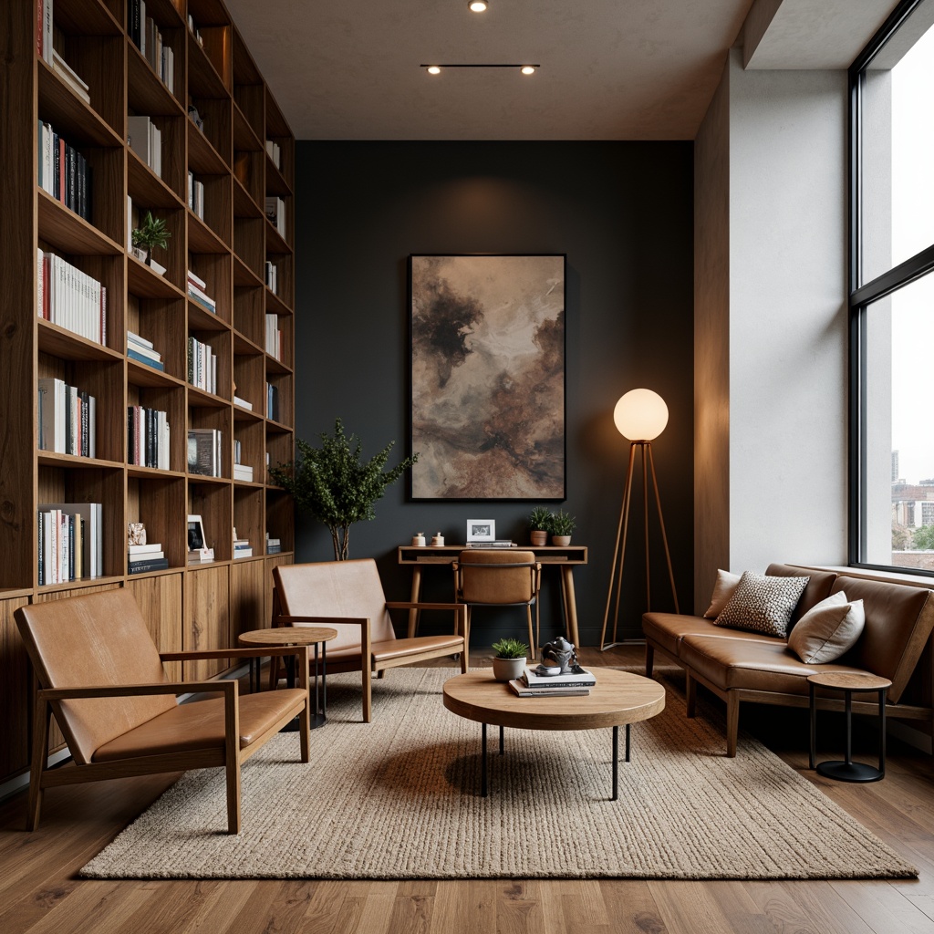 Prompt: Mid-century modern apartment, academic aesthetic, wooden furniture, dark-stained bookshelves, leather-bound tomes, vintage armchairs, minimalist coffee tables, industrial metal lamps, natural fiber rugs, earthy color palette, warm soft lighting, cozy reading nooks, functional decor, clean lines, minimal ornamentation, Scandinavian-inspired design, ergonomic desk chairs, reclaimed wood accents, abstract artwork, neutral-toned walls, 1/1 composition, soft focus, realistic textures.