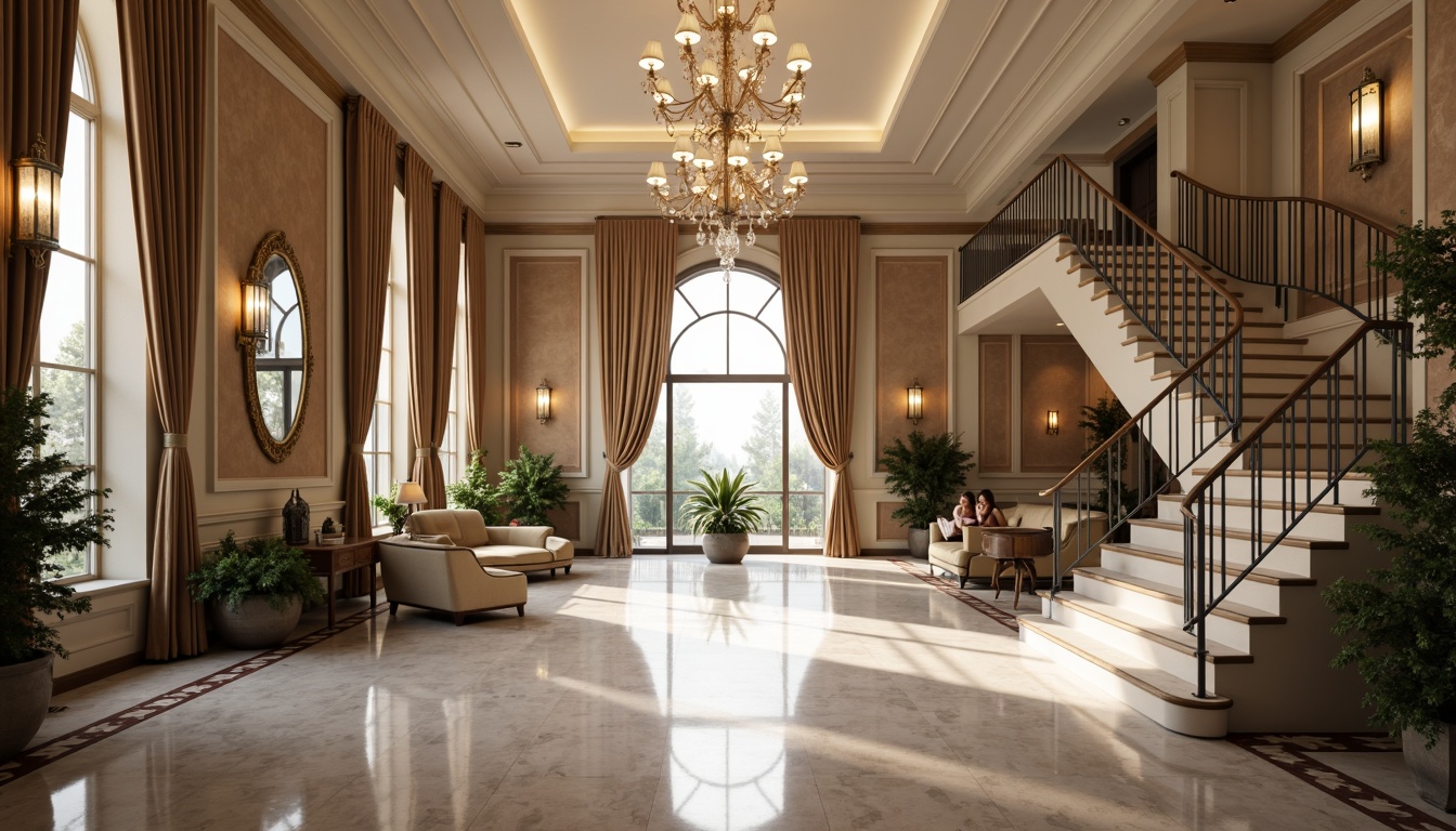 Prompt: Grand entrance hall, elegant chandelier, polished marble floor, luxurious velvet drapes, rich wood paneling, ornate metal railings, sophisticated color scheme, harmonious palette, warm beige tones, soft creamy whites, deep charcoal grays, subtle gold accents, refined bronze details, inviting ambiance, dramatic lighting, 1/1 composition, symmetrical framing, high-contrast ratio, realistic textures, ambient occlusion.