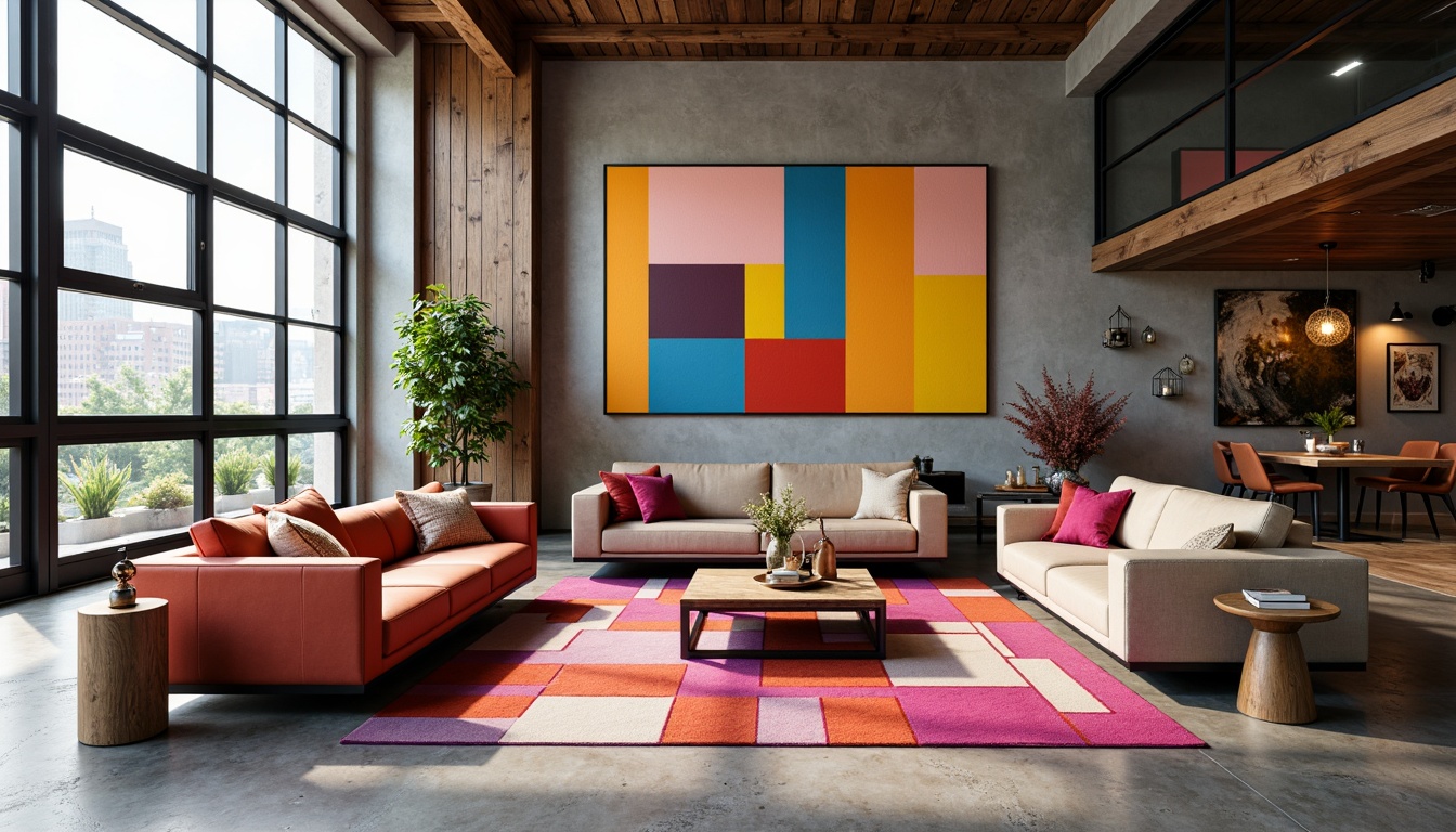 Prompt: Vibrant living room, bold color blocks, geometric patterned rug, statement furniture pieces, metallic accents, glossy finishes, modern minimalist decor, natural light pouring in, floor-to-ceiling windows, urban loft atmosphere, industrial chic style, reclaimed wood walls, concrete floors, cozy throw pillows, textured blankets, warm ambient lighting, 1/1 composition, shallow depth of field.