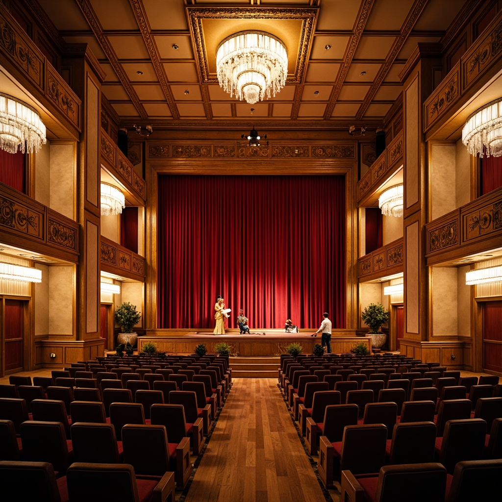 Prompt: \Traditional performing arts center, ornate wooden decorations, velvet curtains, grand chandeliers, intimate seating arrangement, warm golden lighting, rich wood tones, acoustic panels, sound-absorbing materials, diffusers, bass traps, reflective surfaces, high ceilings, natural stone walls, classic architecture, historic preservation, warm ambiance, soft focus, 1/2 composition, shallow depth of field, realistic textures.\Please let me know if this meets your expectations!