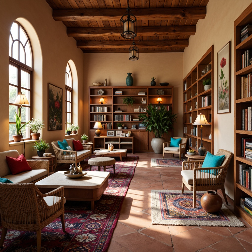 Prompt: Southwestern style library, warm terracotta flooring, natural wood accents, earthy tone walls, vibrant turquoise decorative elements, plush comfortable seating, rustic wooden tables, woven wicker chairs, colorful Native American-inspired textiles, geometric patterned rugs, ambient warm lighting, floor lamps with rattan shades, wooden bookshelves with ornate metal details, leather-bound books, desert botanical prints, adobe-style architecture, arched windows, soft warm color palette, 1/2 composition, intimate reading nooks.