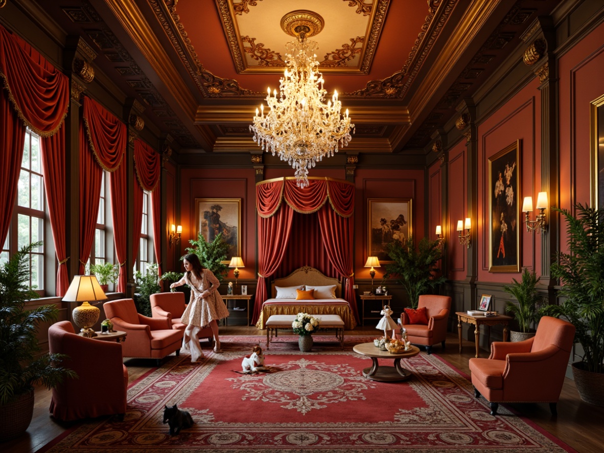 Prompt: Ornate chandeliers, crystal drops, golden accents, lavish drapery, rich velvet fabrics, jewel-toned colors, intricate carvings, grandiose furniture, playful kid-sized seating, whimsical wall art, regal canopy beds, luxurious area rugs, soft warm glow, dimmable lighting, 3-point composition, shallow depth of field, romantic warm tones.