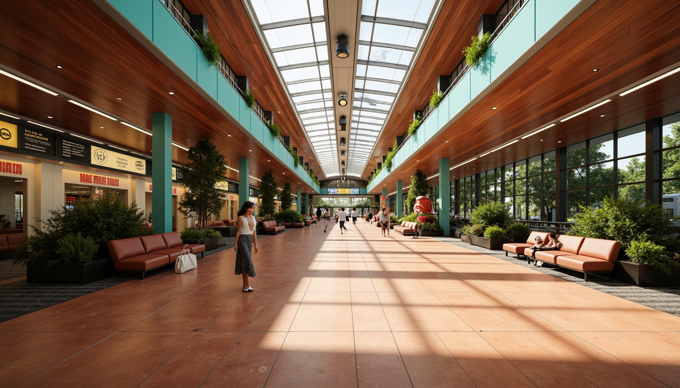 Prompt: Retro-futuristic train station, warm terracotta flooring, rich wood paneling, bold turquoise accents, sleek chrome handrails, geometric patterned tiles, ample natural light, open concourse, minimalist signage, industrial-chic lighting fixtures, vintage-inspired clock towers, lush greenery, abstract sculptures, 1/2 composition, softbox lighting, realistic reflections.