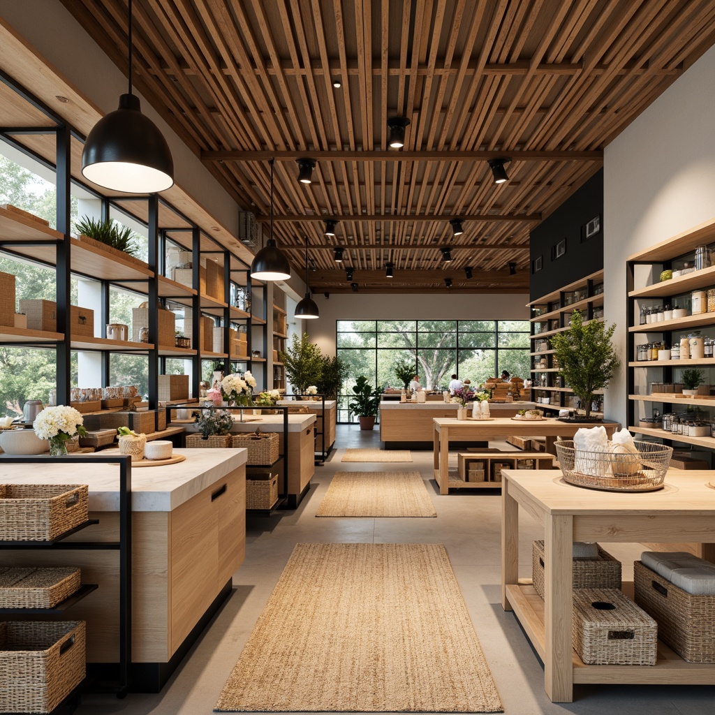 Prompt: Minimalist grocery store interior, blonde wood shelves, industrial metal racks, reclaimed wooden tables, woven wicker baskets, natural fiber rugs, earthy tone color palette, pendant lamps, modern Nordic-inspired furniture, sleek countertops, glass display cases, wooden crates, potted greenery, warm soft lighting, shallow depth of field, 1/1 composition, realistic textures, ambient occlusion.Please let me know if this meets your requirements!