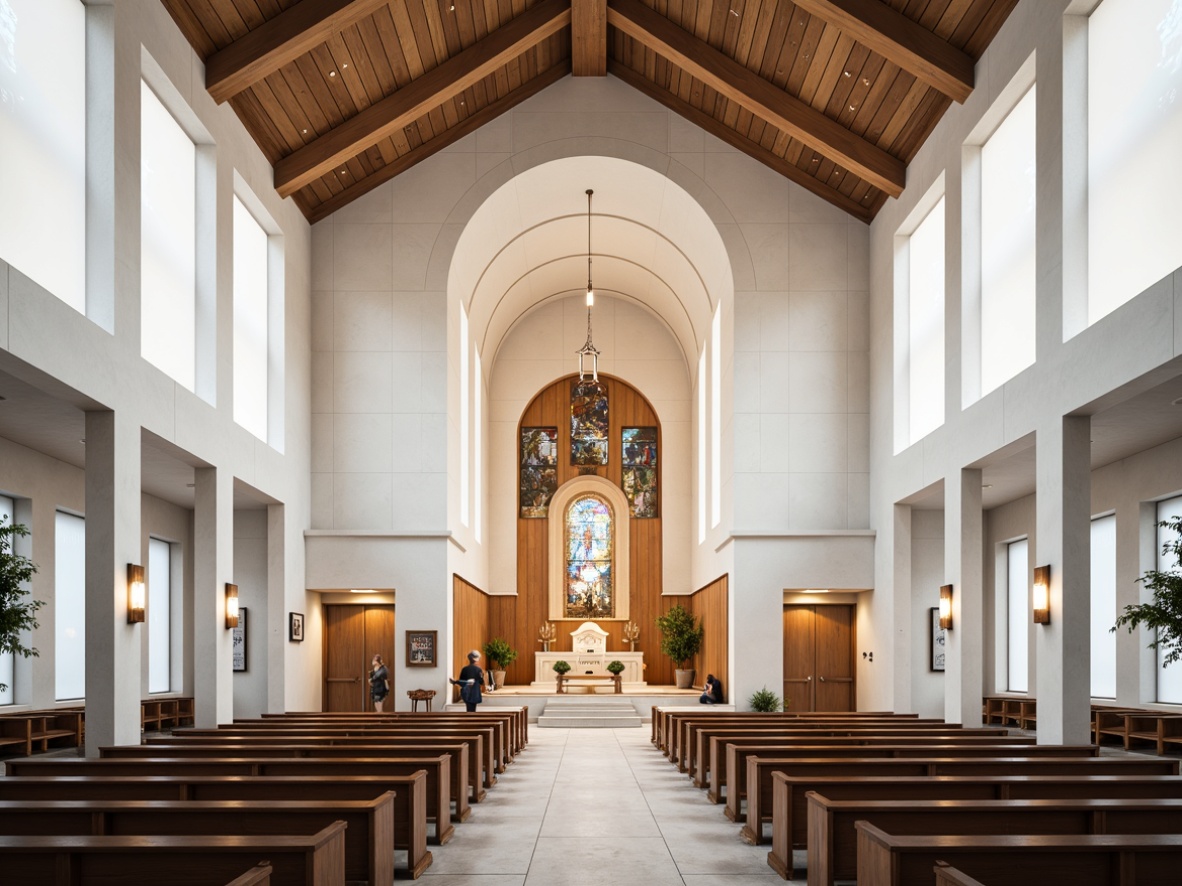 Prompt: Minimalist church facade, clean lines, white marble exterior, subtle curves, stained glass windows, ornate wooden doors, polished chrome hardware, soft warm lighting, shallow depth of field, 3/4 composition, panoramic view, realistic textures, ambient occlusion, modern chandeliers, geometric patterns, abstract artwork, neutral color palette, elegant pews, refined altar design, intricate stone carvings, decorative metalwork, subtle texture variations.