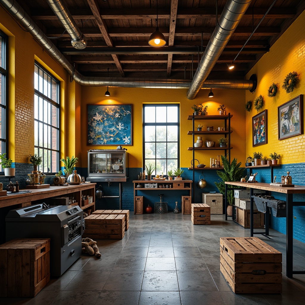 Prompt: Vibrant workshop interior, industrial chic decor, exposed brick walls, metal beams, reclaimed wood accents, bold yellow tones, deep blue hues, rich brown textures, sleek metal machinery, natural stone flooring, modern pendant lighting, rustic wooden crates, urban loft atmosphere, warm golden hour lighting, shallow depth of field, 1/1 composition, realistic metallic reflections, ambient occlusion.