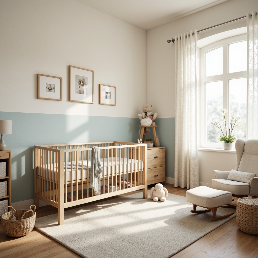 Prompt: Soft pastel nursery, gentle cream walls, soothing blue accents, warm beige furniture, plush toys, delicate lace curtains, natural wood crib, comfortable glider rocker, sweet baby blankets, calm atmosphere, softbox lighting, shallow depth of field, 1/1 composition, realistic textures.