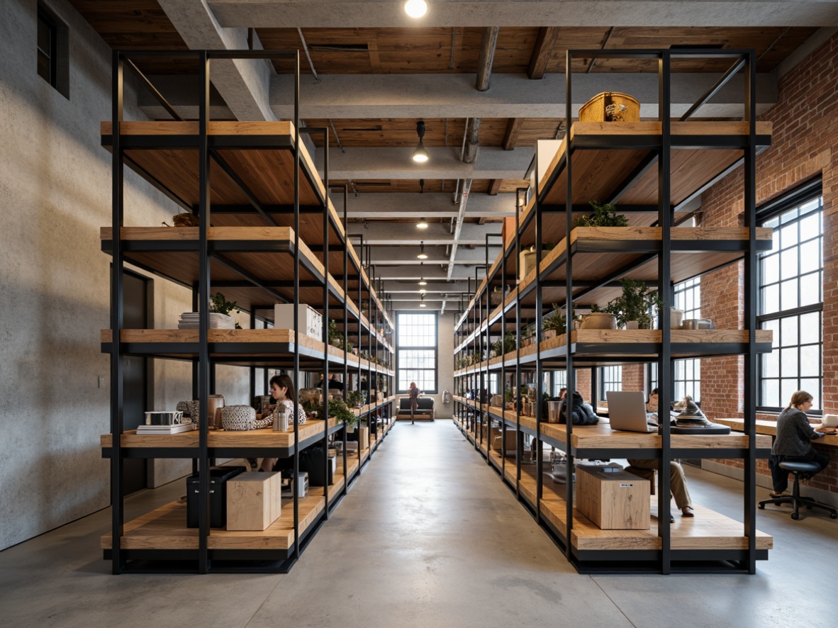 Prompt: Industrial-style shelving units, metal frames, wooden planks, minimalist decor, modern storage solutions, sleek lines, functional design, spacious walkways, organized workspaces, adjustable shelves, ergonomic heights, built-in desk systems, task lighting, natural wood tones, matte black finishes, urban loft aesthetic, open floor plans, concrete floors, exposed brick walls, industrial chic accents.