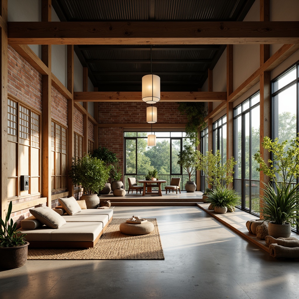 Prompt: Minimalist open space, loft-style interior, Asian-inspired decor, natural wood accents, paper lanterns, shoji screens, sliding glass doors, polished concrete floors, industrial metal beams, exposed brick walls, lush greenery, potted plants, cozy reading nooks, plush Asian-style rugs, warm ambient lighting, soft diffused shadows, 1/1 composition, realistic textures, subtle color palette.