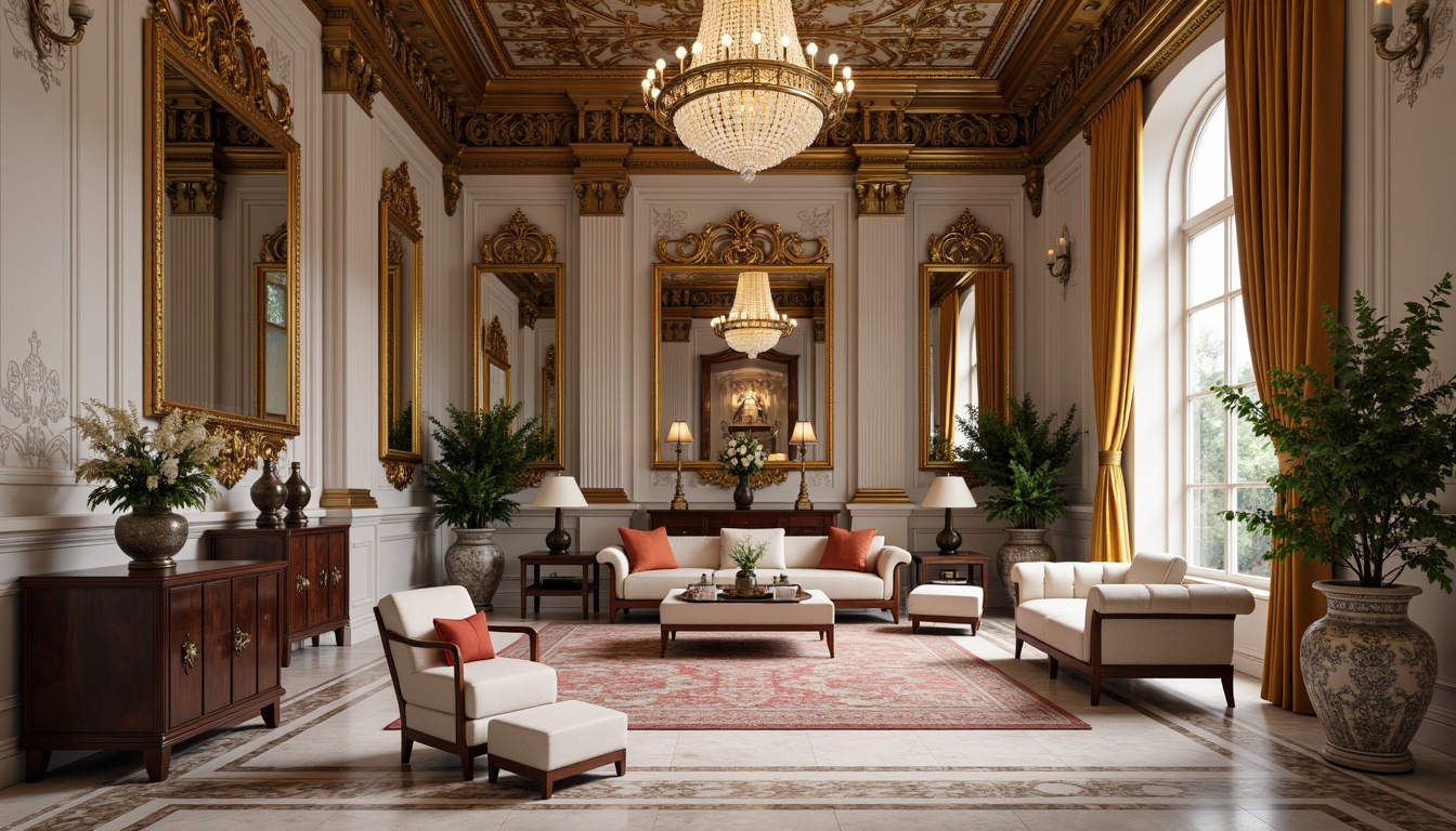 Prompt: Intricate ornate mirrors, luxurious velvet drapes, elegant crystal chandeliers, polished marble floors, ornamental metalwork, richly patterned rugs, lavish gold accents, majestic stone columns, delicate ceramic vases, exotic potted plants, sophisticated abstract artwork, dramatic floor-to-ceiling curtains, opulent tufted sofas, refined minimalist sculptures, warm ambient lighting, soft romantic pastel colors, 1/2 composition, shallow depth of field, realistic textures, subtle ambient occlusion.