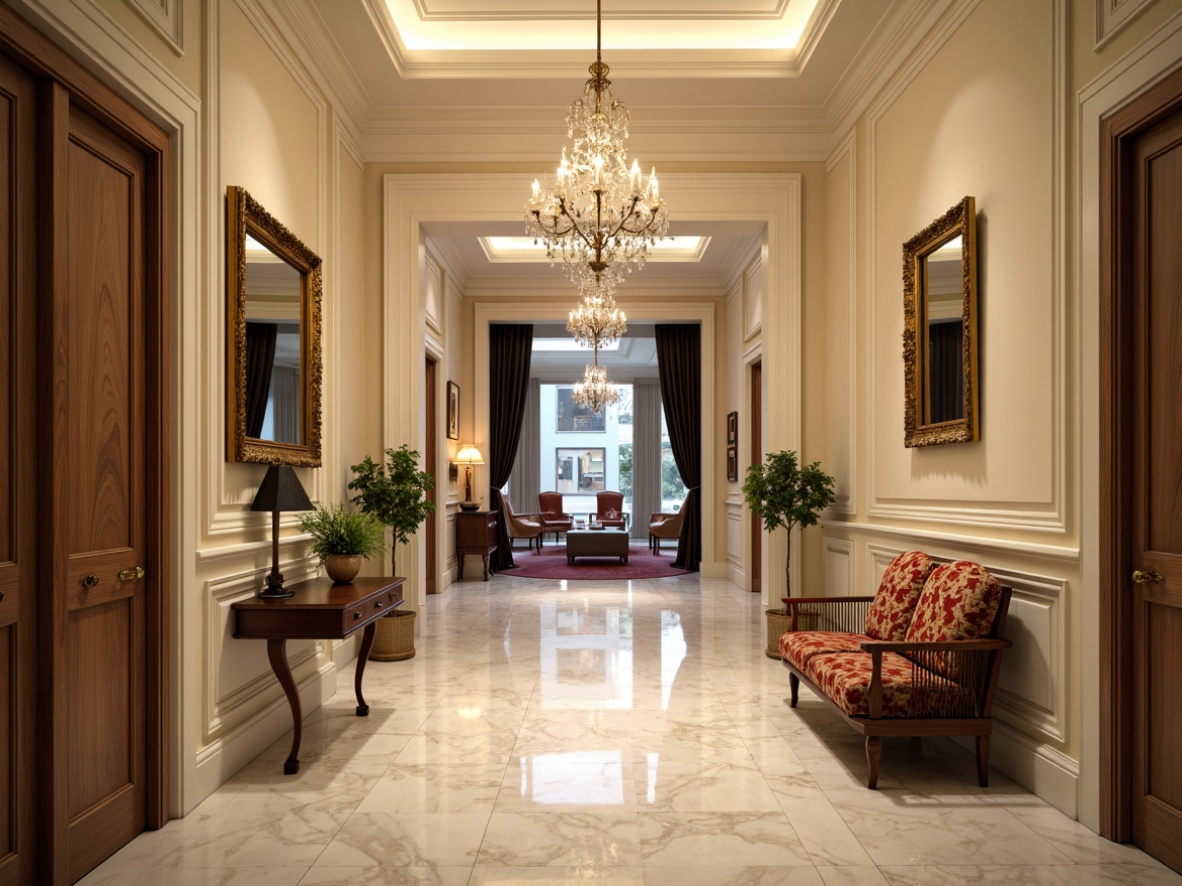 Prompt: Elegant hallway, grand entrance, high ceiling, marble flooring, luxurious chandelier, ornate mirror frames, cream-colored walls, rich wood tones, velvet upholstery, carved wooden furniture, intricate patterns, sophisticated ambiance, soft warm lighting, shallow depth of field, 1/2 composition, realistic textures, ambient occlusion.