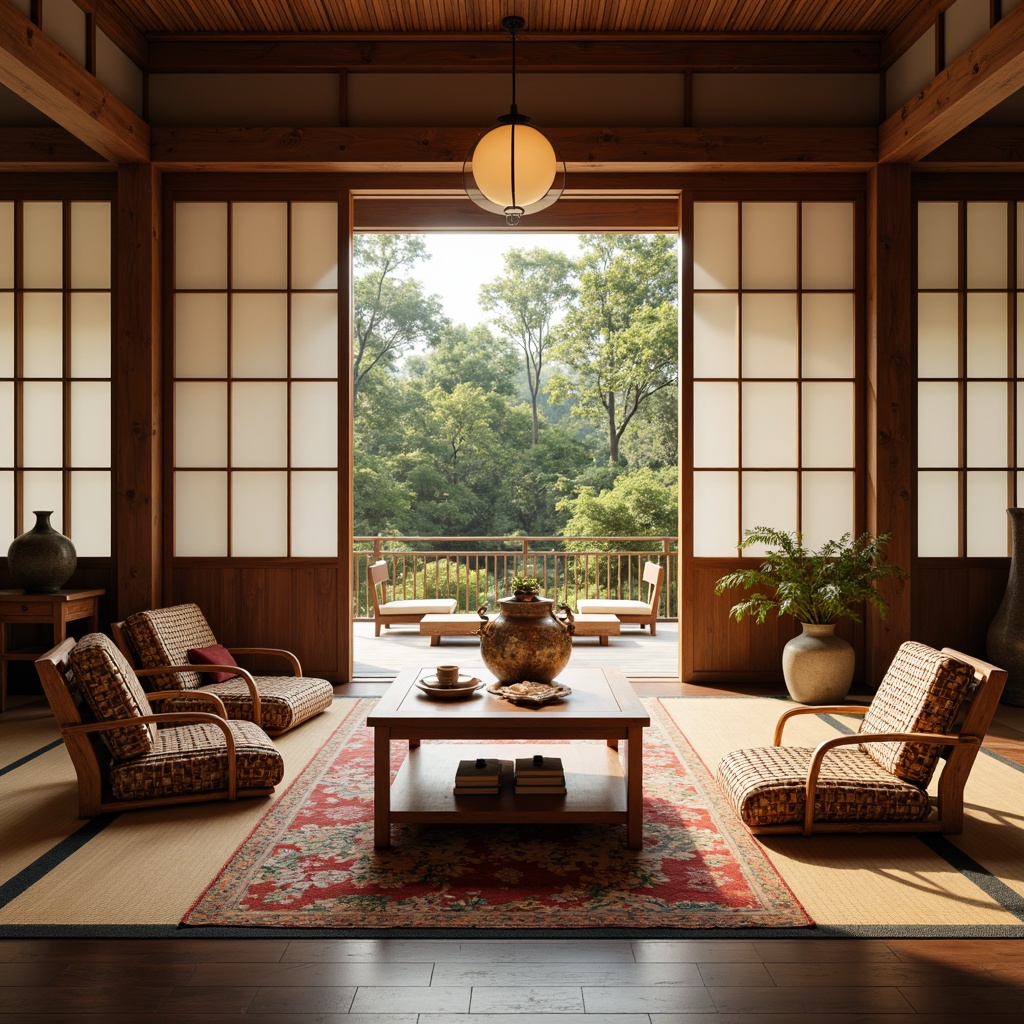 Prompt: Traditional Japanese sliding doors, natural wood accents, paper lanterns, woven bamboo chairs, intricately carved wooden tables, vibrant silk fabrics, ornate bronze vases, bonsai trees, minimalist decor, soft warm lighting, shallow depth of field, 1/1 composition, panoramic view, realistic textures, ambient occlusion.