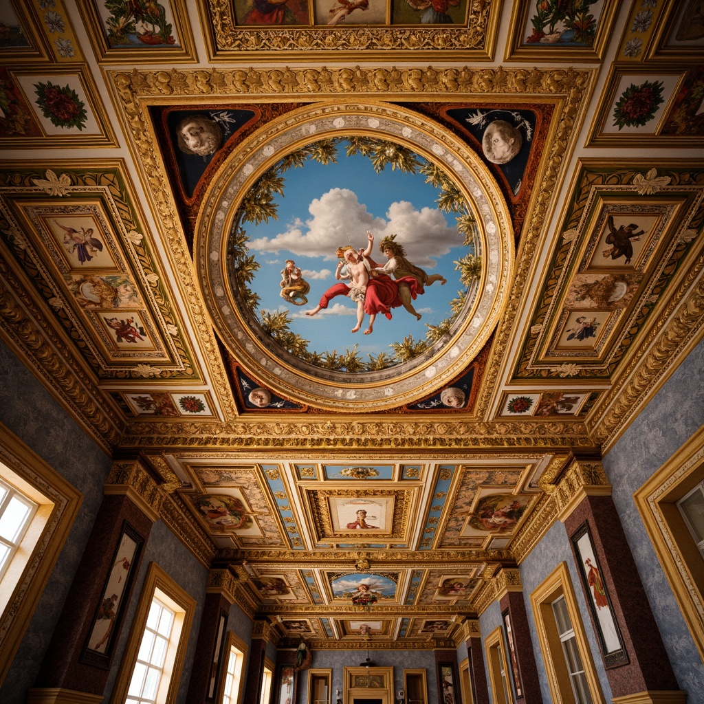 Prompt: Vibrant frescoes, ornate decorations, rich colors, Baroque-style architecture, grand ceiling designs, intricate patterns, gold accents, lavish ornamentation, Renaissance-inspired artwork, soft warm lighting, subtle shading, realistic textures, ambient occlusion, 3/4 composition, panoramic view.