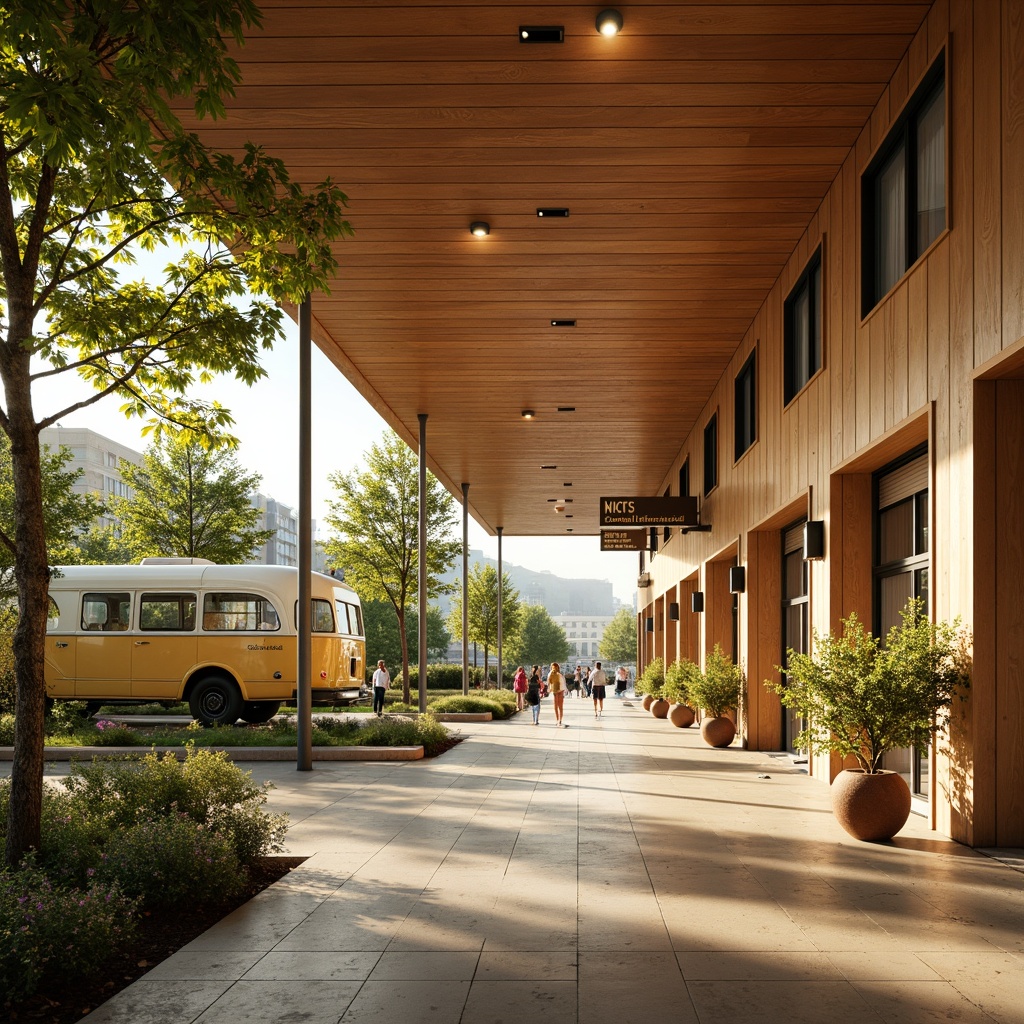 Prompt: Retro-futuristic bus station, earthy tone color palette, warm beige walls, rich wood accents, bold geometric patterns, vintage signage, industrial metal fixtures, mid-century modern architecture, natural stone flooring, lush greenery, abundant sunlight, soft warm lighting, shallow depth of field, 3/4 composition, panoramic view, realistic textures, ambient occlusion.