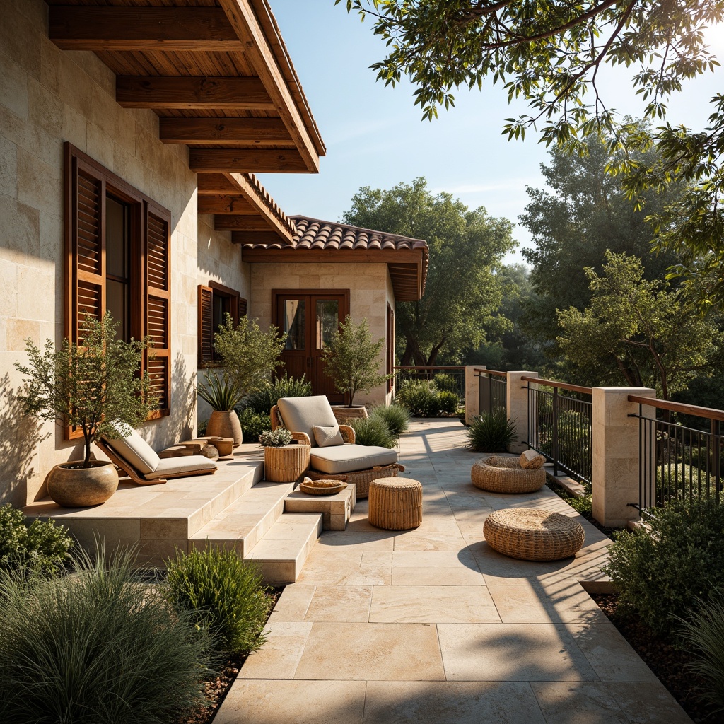 Prompt: Warm Mediterranean villa, natural stone walls, terracotta roofs, lush greenery, olive trees, wooden shutters, wrought iron railings, earthy color palette, rustic textures, reclaimed wood furniture, wicker accents, soft warm lighting, shallow depth of field, 3/4 composition, panoramic view, realistic render, ambient occlusion, gentle breeze, serene atmosphere.