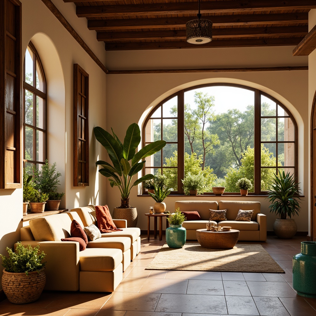 Prompt: Warm Mediterranean interior, soft golden lighting, warm beige walls, rustic wooden accents, natural stone flooring, ornate metalwork, plush velvet furnishings, vibrant turquoise ceramics, lush greenery, large windows, sheer curtains, bright sunny day, gentle warm glow, ambient softbox lighting, 3/4 composition, realistic textures, subtle shadowing.