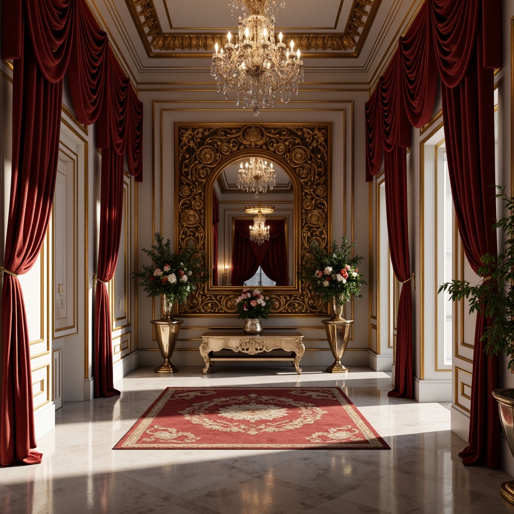 Prompt: Luxurious velvet drapes, golden ornate frames, crystal chandeliers, marble floors, intricately carved wooden panels, plush area rugs, metallic accent tables, lavish flower arrangements, soft warm lighting, subtle shadows, 1/2 composition, shallow depth of field, realistic textures, ambient occlusion.