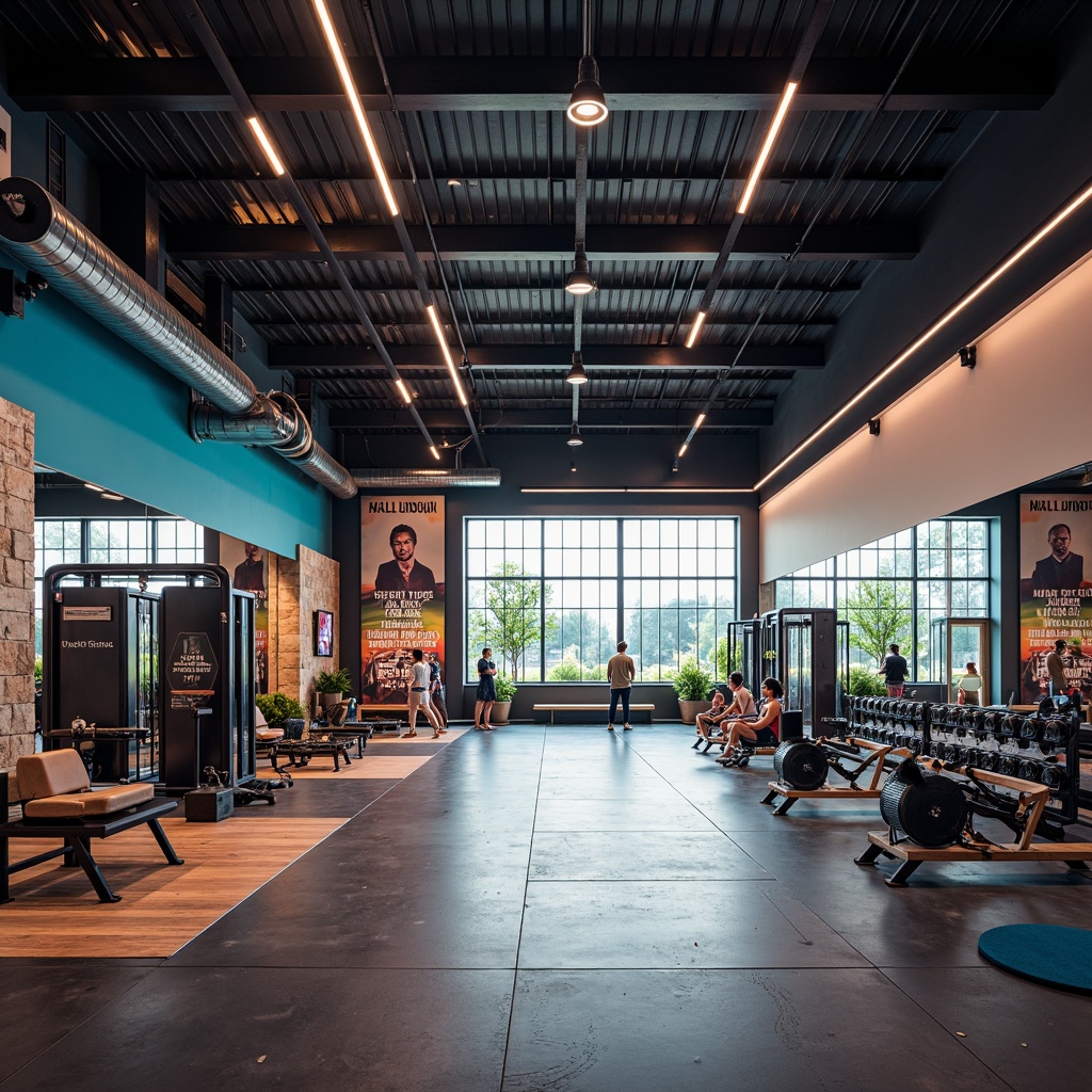 Prompt: Modern gym interior, high ceilings, sleek metal beams, polished concrete floors, mirrored walls, state-of-the-art fitness equipment, energetic atmosphere, vibrant color scheme, LED strip lights, suspended ceiling fixtures, indirect ambient lighting, adjustable track lights, metallic finishes, minimalist design, functional layout, natural stone accents, motivational quotes, inspirational posters, early morning light, soft warm glow, shallow depth of field, 1/2 composition.