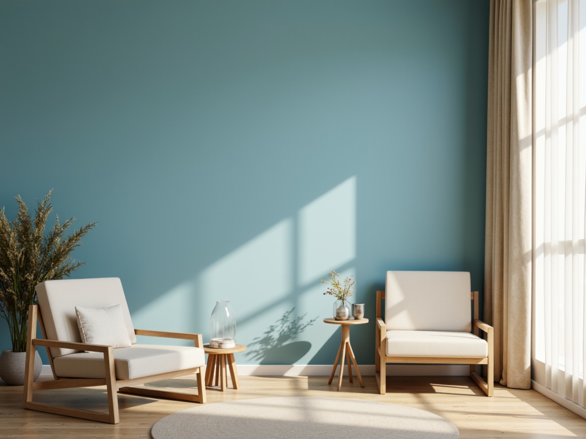 Prompt: Cerulean blue accent wall, soft cream furnishings, natural wood floors, minimalist decor, warm beige curtains, delicate glass vases, subtle texture overlays, gentle gradient transitions, serene atmosphere, soft focus, 1/1 composition, realistic lighting, ambient occlusion.