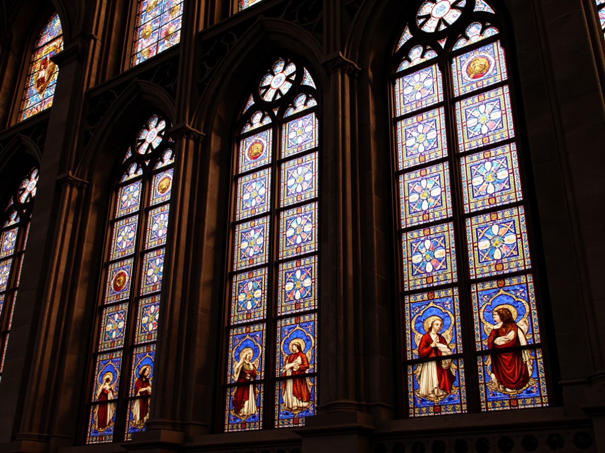 Prompt: Vibrant stained glass windows, kaleidoscope colors, ornate patterns, Gothic architecture, grand cathedrals, intricate designs, leadlight framework, delicate textures, refracted light, warm ambient glow, soft focus, shallow depth of field, 1/1 composition, realistic renderings.