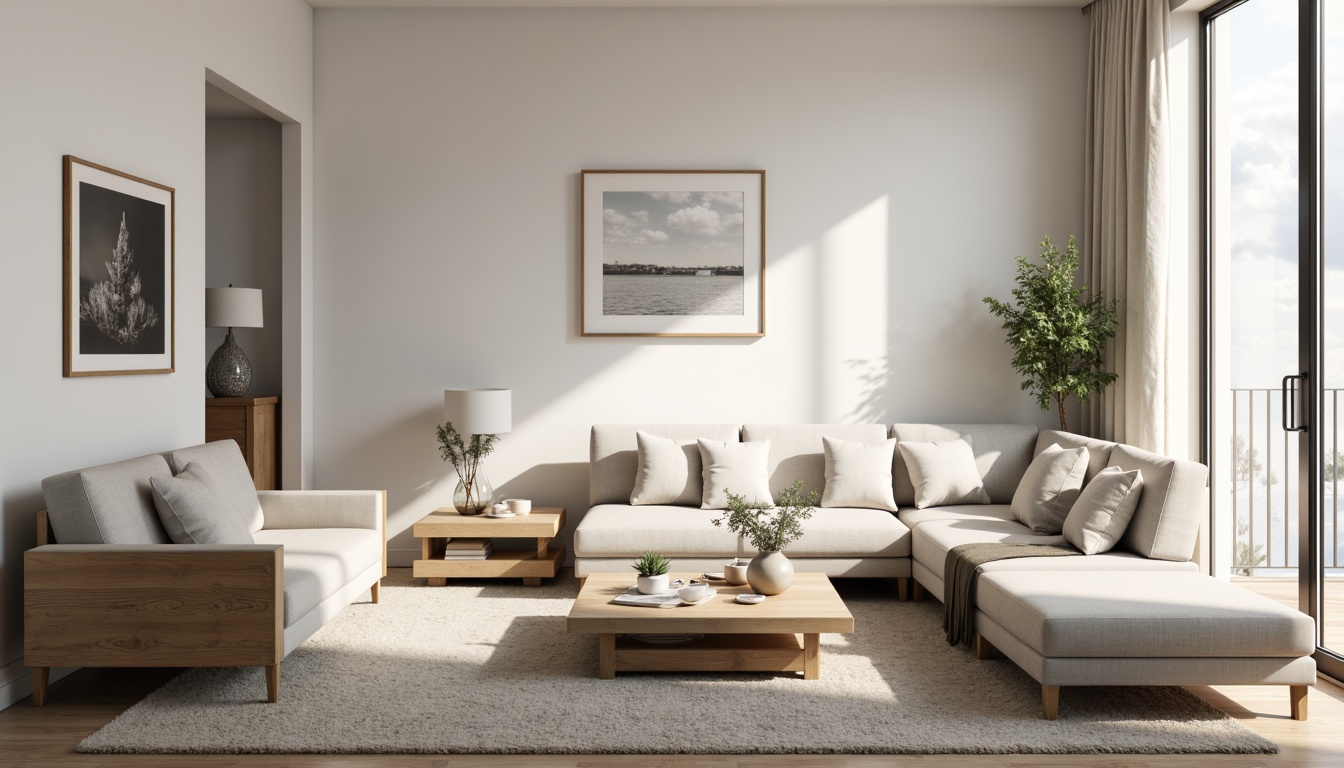 Prompt: Simple modern living room, clean lines, monochromatic color scheme, functional furniture pieces, comfortable sofas, sleek coffee tables, minimalist decor, natural textiles, soft cushions, warm lighting, cozy atmosphere, 1/1 composition, shallow depth of field, realistic wood textures, subtle shadows.