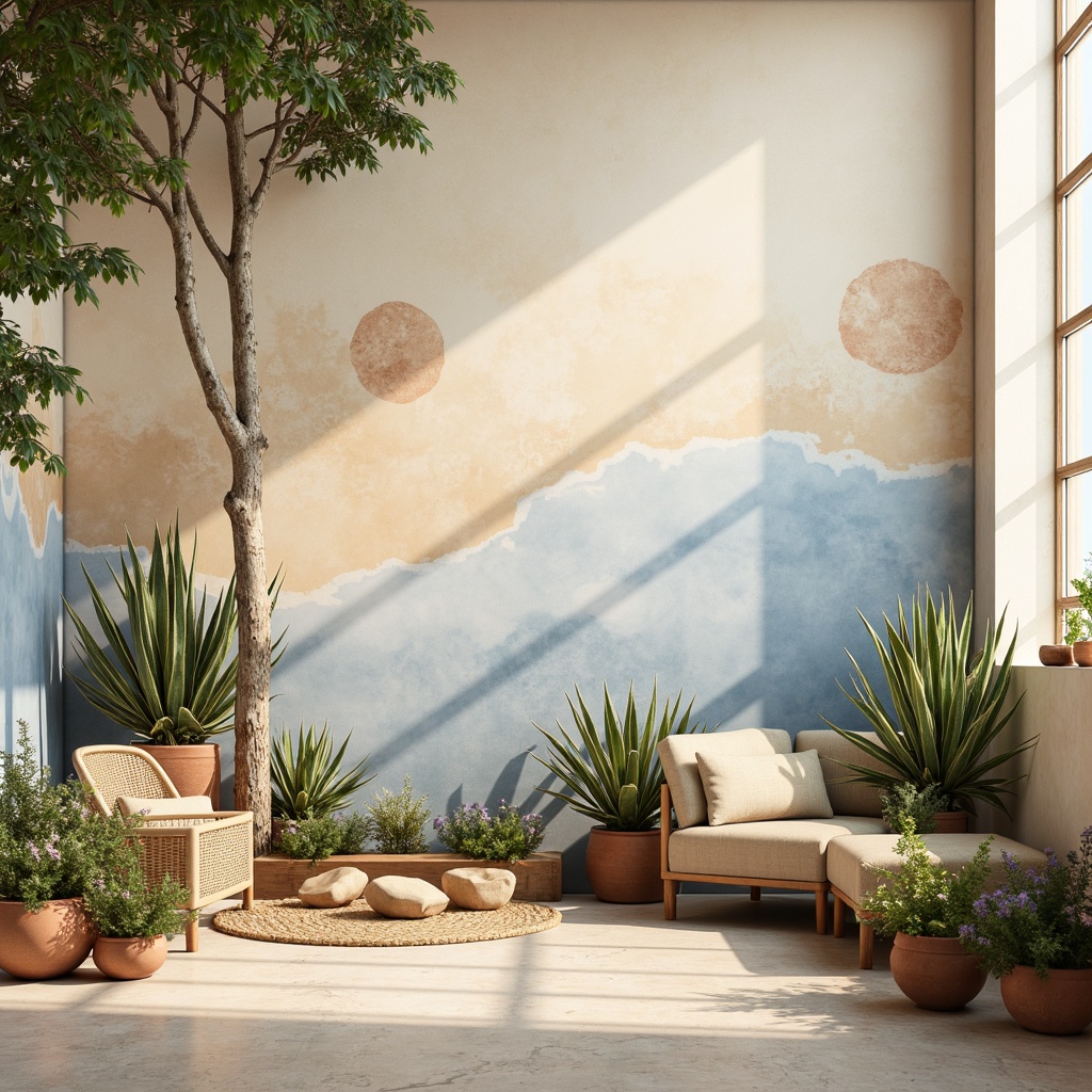 Prompt: Soft pastel hues, calming atmosphere, gentle gradations, warm beige backgrounds, soothing blue accents, creamy whites, rich wood tones, natural textiles, organic shapes, earthy terracotta pots, lush greenery, vibrant flowers, subtle metallic sheens, ambient lighting, shallow depth of field, 3/4 composition, panoramic view, realistic textures, ambient occlusion.