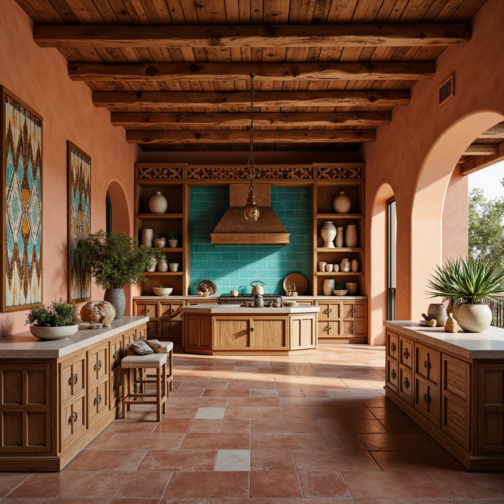 Prompt: Warm southwestern ambiance, rustic wooden cabinetry, earthy terracotta tiles, vibrant turquoise accents, woven textiles, natural stone countertops, reclaimed wood shelves, hand-carved decorative trim, distressed finishes, soft warm lighting, shallow depth of field, 3/4 composition, panoramic view, realistic textures, ambient occlusion.