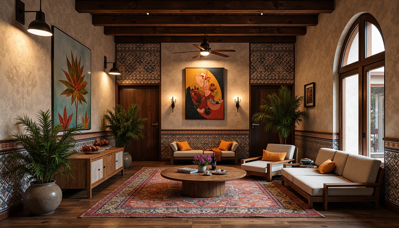 Prompt: Vintage Moroccan tiles, distressed wood planks, richly patterned rugs, eclectic mix of materials, bold colorful accents, ornate metal inlays, reclaimed wooden floors, statement-making light fixtures, bohemian-inspired textiles, plush area rugs, mismatched furniture pieces, abstract artwork, moody atmospheric lighting, warm golden tones, laid-back cozy atmosphere, organic natural shapes, free-spirited decorative elements.