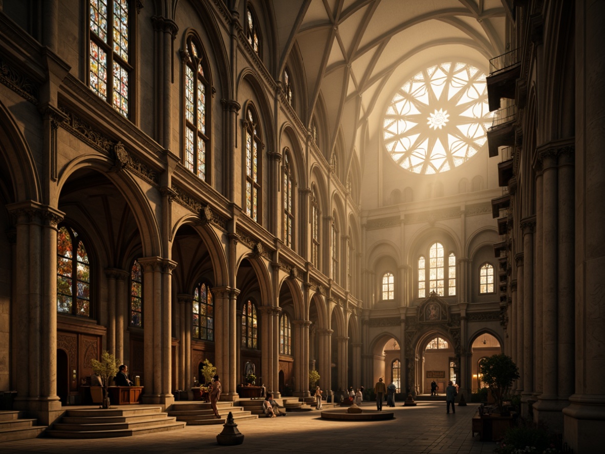 Prompt: Grandiose cathedral, intricate stone carvings, ribbed vaults, pointed arches, flying buttresses, ornate gargoyles, stunning stained glass windows, majestic rose windows, towering spires, dramatic verticality, mystical ambiance, warm golden lighting, soft focus, atmospheric mist, high contrast, cinematic composition, detailed textures, ambient occlusion.