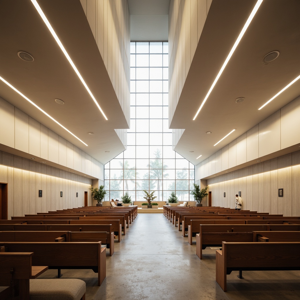 Prompt: Sleek modern church, minimalist architecture, clean lines, neutral color palette, abundant natural light, LED strip lighting, suspended ceiling fixtures, ambient indirect illumination, warm white tones, subtle texture accents, polished concrete floors, wooden pews, stained glass windows, geometric patterns, subtle spiritual symbolism, peaceful atmosphere, serene ambiance, soft focus, shallow depth of field, 1/1 composition, realistic materials, detailed textures.