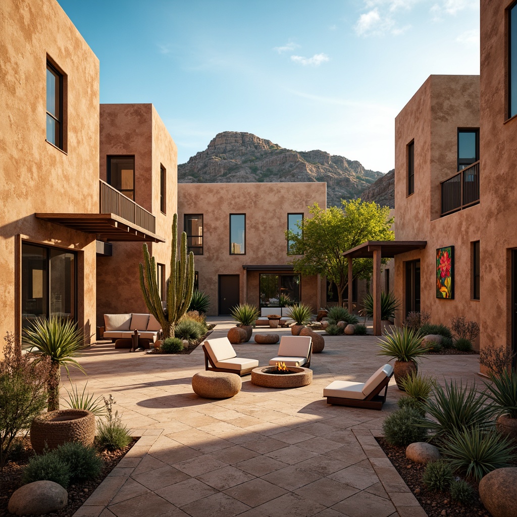 Prompt: Earthy adobe buildings, warm terracotta tones, rustic wooden accents, vibrant turquoise hues, sandy beige stucco, natural stone walls, desert botanicals, majestic saguaro cacti, warm sunny days, soft golden lighting, shallow depth of field, 3/4 composition, panoramic view, realistic textures, ambient occlusion, inviting outdoor spaces, cozy fire pits, woven textiles, geometric patterns, bold colorful artwork, eclectic decorative accents.