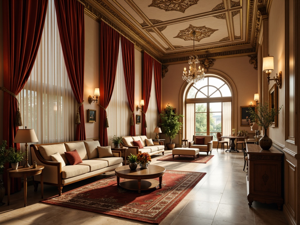 Prompt: Rich velvet drapes, warm golden lighting, ornate Baroque details, lavish furnishings, intricate wood carvings, polished marble floors, grand chandeliers, soft beige walls, luxurious silk fabrics, subtle Renaissance patterns, muted earth tones, elegant archways, refined stucco ceilings, antique furniture pieces, sophisticated neutral colors, dramatic high ceilings, majestic stone columns, ornamental frescoes, classic oil paintings.