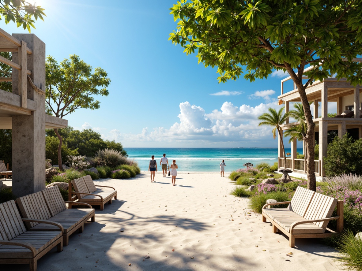 Prompt: Seaside promenade, ocean views, sandy beaches, driftwood accents, nautical ropes, weathered wood benches, sailboat-inspired decor, coral reefs, turquoise water, sunny cloudless sky, soft warm lighting, shallow depth of field, 1/1 composition, panoramic view, realistic textures, ambient occlusion, beachy vibe, salty air, seashell decorations, ocean breeze, calming atmosphere.