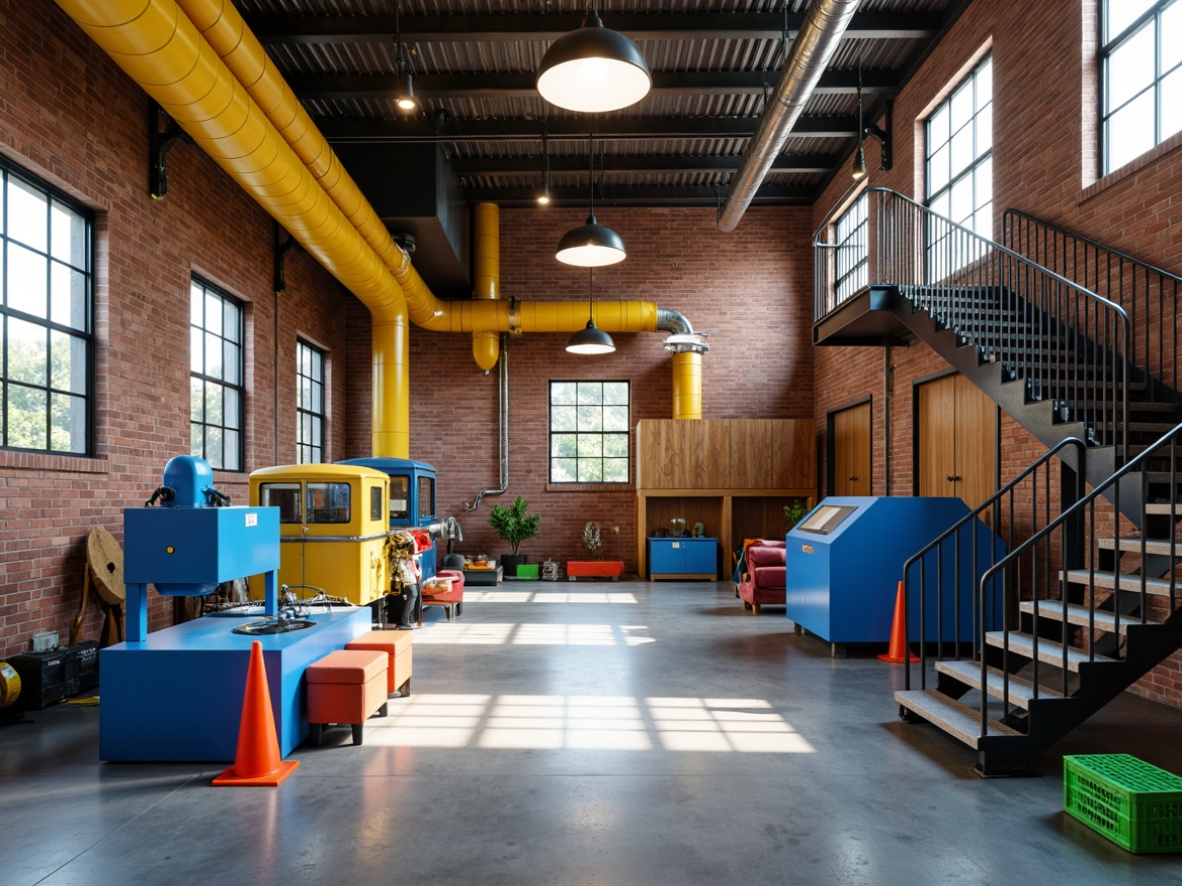 Prompt: Vibrant industrial interior, exposed brick walls, metal beams, polished concrete floors, neon color accents, bold yellow pipes, bright blue machinery, pop of orange safety cones, lime green storage crates, rich wood accent walls, sleek metal staircase, modern pendant lighting, high ceiling, open floor plan, natural light pouring in, subtle gradient effects, 1/1 composition, soft box lighting, realistic metallic textures.