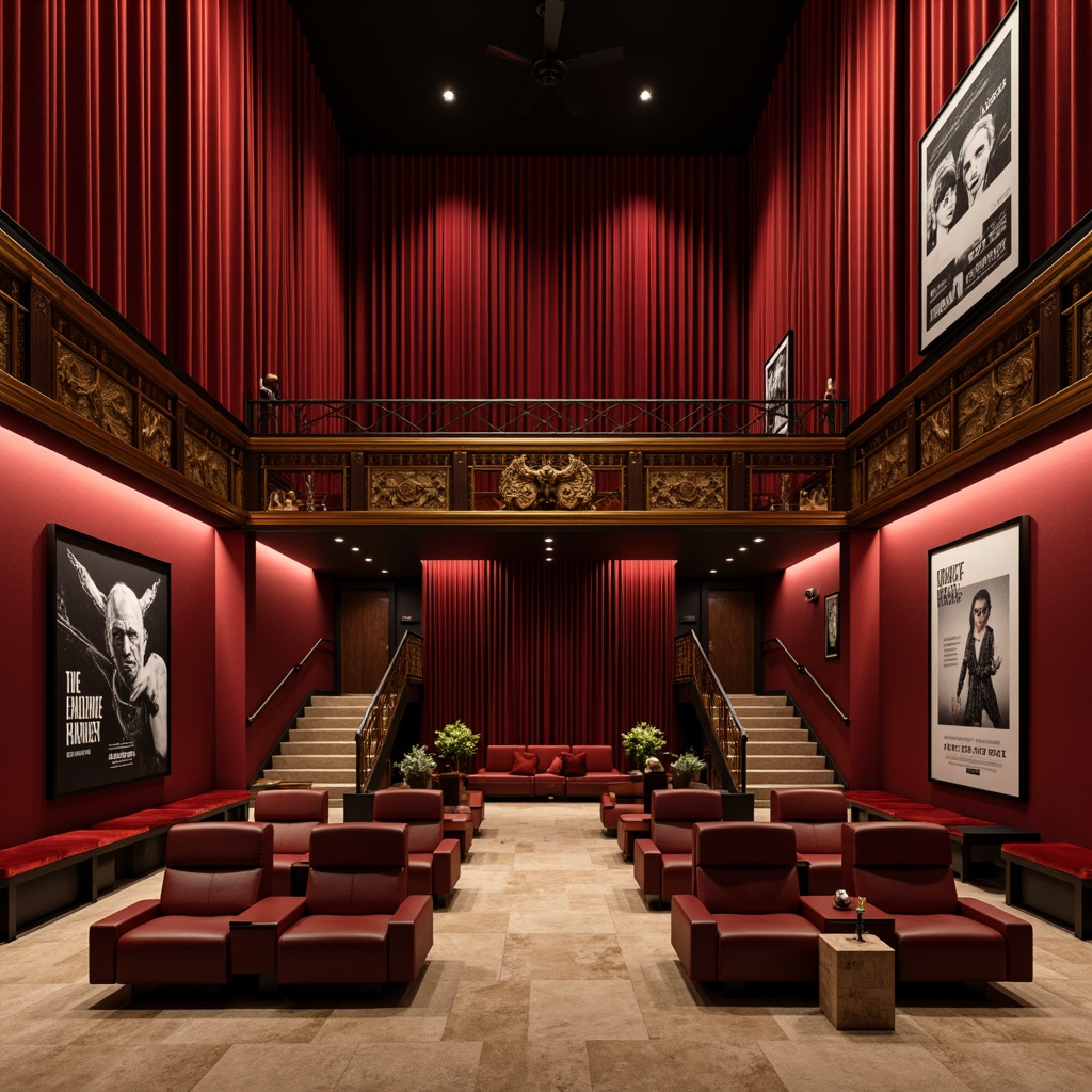 Prompt: Luxurious cinema interior, rich velvet curtains, ornate golden accents, deep crimson red walls, comfortable plush seating, soft dim lighting, cinematic posters, modern minimalist architecture, sleek metal rails, warm beige flooring, intimate cozy atmosphere, dramatic high contrast colors, film-inspired decorative elements, nostalgic vintage vibes, subtle texture overlays, realistic reflective surfaces, cinematic camera angles, shallow depth of field, 2/3 composition.