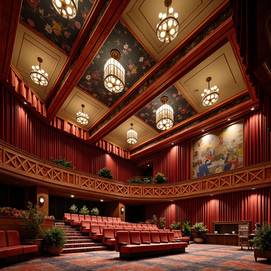 Prompt: Vibrant eclectic auditorium, rich wood accents, ornate chandeliers, plush velvet curtains, bold colorful murals, intricate patterns, statement lighting fixtures, comfortable seating areas, acoustic panels with geometric shapes, sound-absorbing materials, diffused warm lighting, 3/4 composition, shallow depth of field, realistic textures, ambient occlusion.