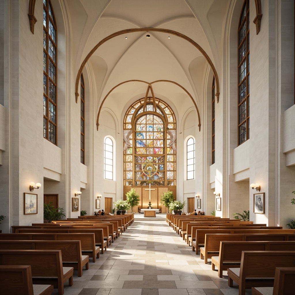 Prompt: Streamlined modern church, minimalist architecture, clean lines, white stone fa\u00e7ade, stained glass windows, geometric patterns, intricate details, ornate decorations, luxurious materials, rich textures, warm golden lighting, soft focus, shallow depth of field, 1/1 composition, symmetrical layout, grand entrance, sweeping arches, dramatic vaulted ceilings, elegant pews, refined altar, subtle cross motifs, serene atmosphere, peaceful ambiance.