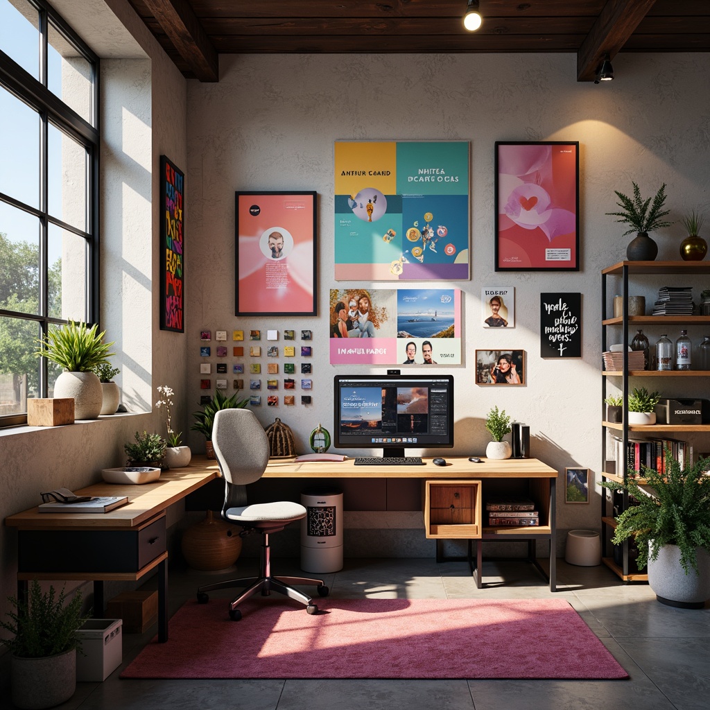 Prompt: Vibrant modern design studio, sleek wooden desk, ergonomic chair, large monitor, creative inspiration boards, artistic color swatches, trendy paint samples, bold typography, contrasting hues, pastel shades, neon accents, natural light pouring in, soft warm glow, shallow depth of field, 1/1 composition, realistic textures, ambient occlusion.