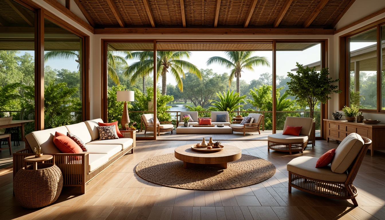 Prompt: Tropical living room, rattan furniture, plush cushions, vibrant colors, exotic patterns, natural textiles, woven baskets, wooden accents, palm tree decor, lush greenery, floor-to-ceiling windows, sliding glass doors, outdoor views, warm sunny day, soft diffused lighting, shallow depth of field, 3/4 composition, cozy atmosphere, organic shapes, natural materials, earthy tones, refreshing ambiance.