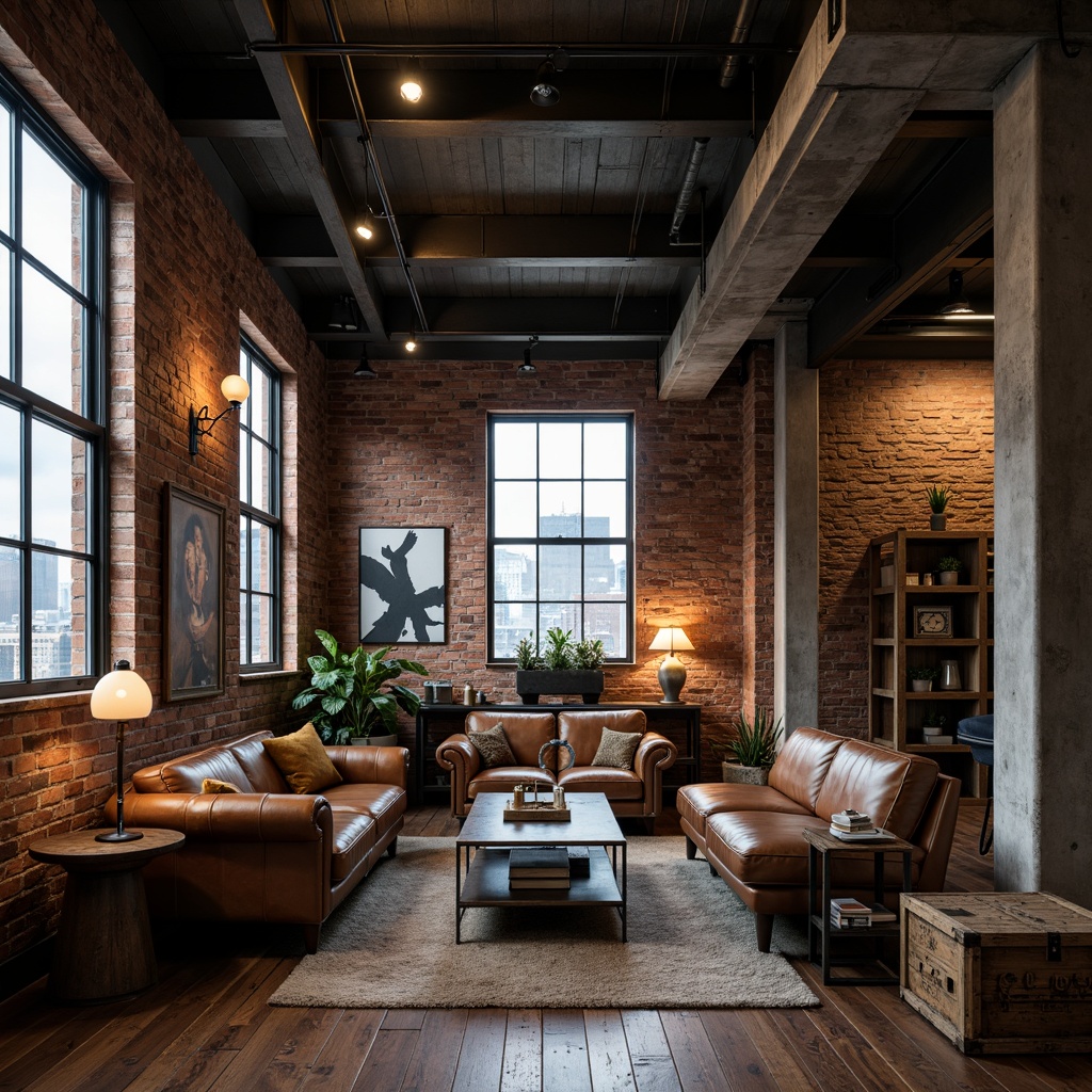 Prompt: Exposed brick walls, metal beam ceilings, reclaimed wood floors, industrial chic furniture, distressed leather sofas, metallic coffee tables, vintage factory lamps, Edison bulb lighting, modern minimalist decor, concrete columns, urban loft atmosphere, gritty cityscape views, functional storage spaces, raw steel accents, weathered wooden crates, brutalist architectural elements, moody dim lighting, cinematic shadows, 1/2 composition, dramatic low-angle shots, realistic wear and tear textures.