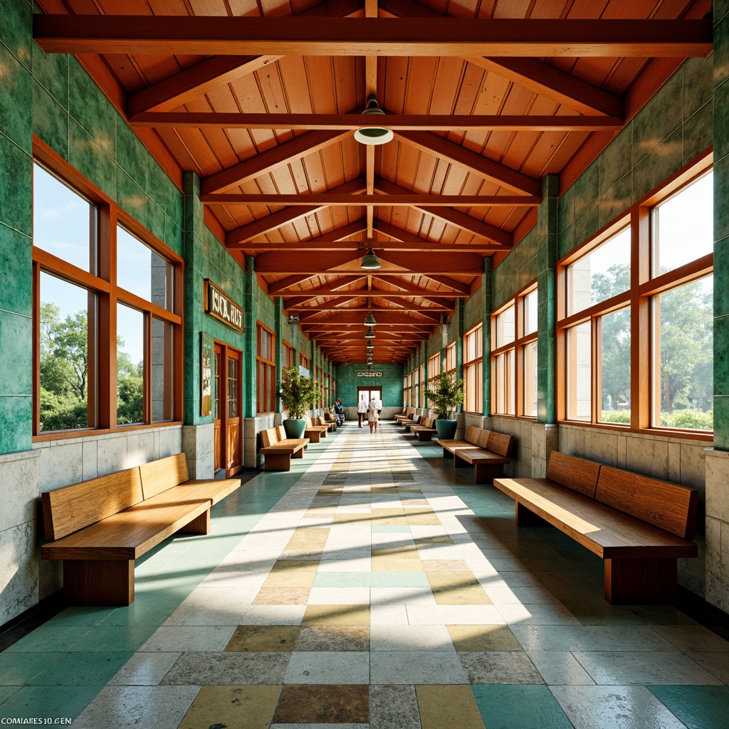 Prompt: Vibrant retro train station, mid-century modern architecture, bold color accents, turquoise glass tiles, burnt orange metal beams, polished wooden benches, geometric patterned floors, natural stone walls, large windows, ample natural light, warm atmosphere, shallow depth of field, 1/2 composition, realistic textures, ambient occlusion.