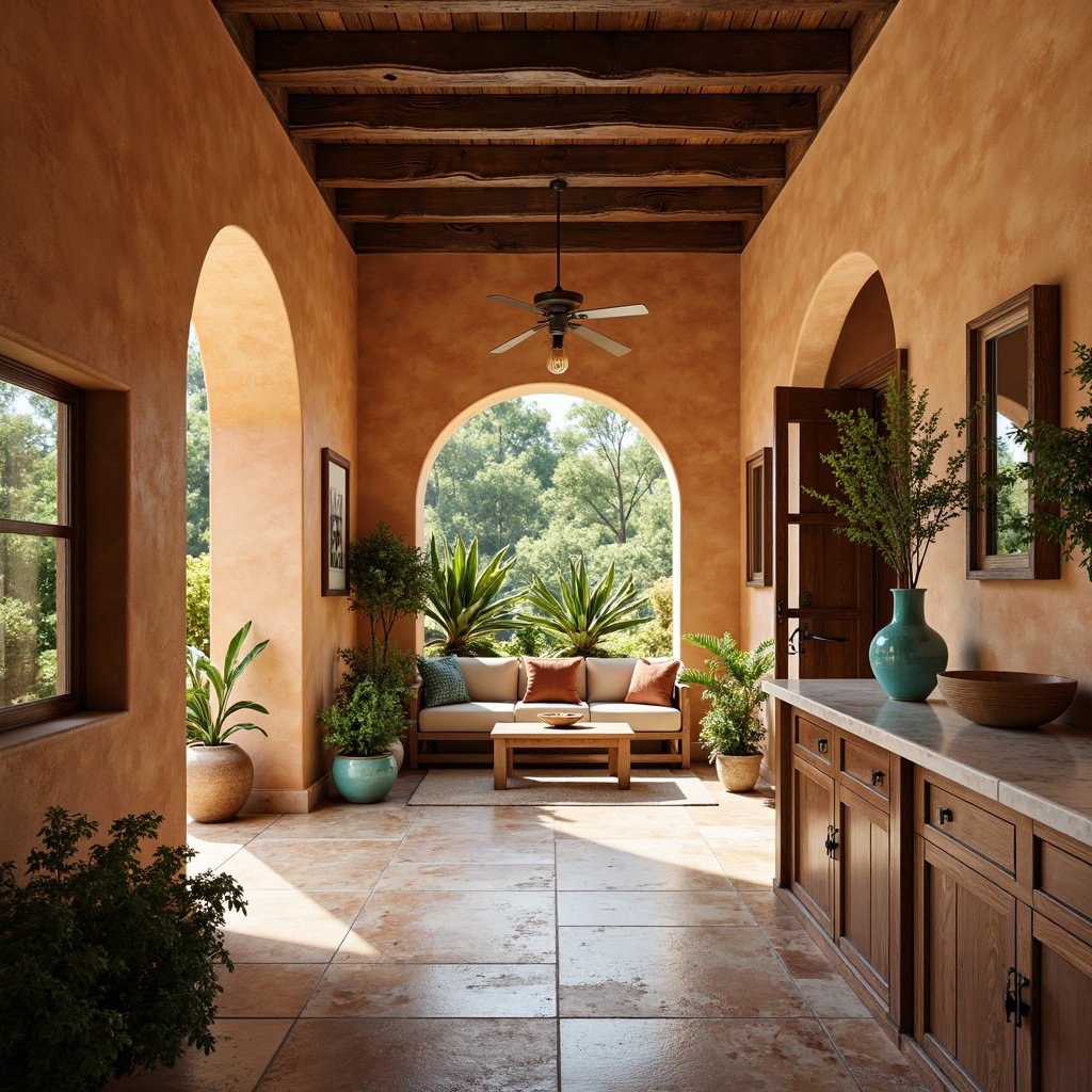 Prompt: Warm Mediterranean villa, sun-kissed stucco walls, rustic stone floors, curved archways, ornate tile work, distressed wood accents, soft sage greenery, vibrant turquoise ceramics, warm terracotta pottery, natural linen upholstery, creamy white marble countertops, earthy sienna tones, rich walnut cabinetry, ambient golden lighting, shallow depth of field, 1/2 composition, realistic textures, atmospheric perspective.